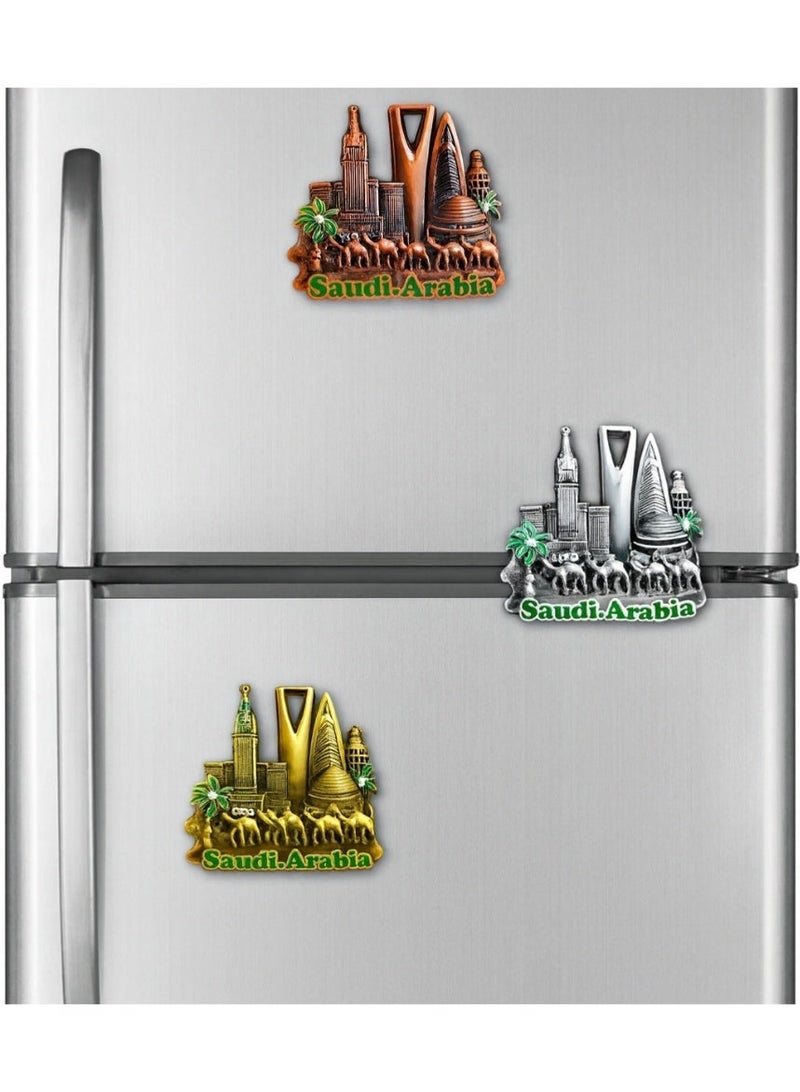 هدايا تذكارية عربية مجموعة طقم ٣ قطع مغناطيس معدني ثلاثي الأبعاد لمعالم السعودية – أبراج المملكة والفيصلية وبرج الساعة مع جمال ونخيل – ألوان ذهبي وفضي وبرونزي – ديكور ثلاجة فاخر - Image 4